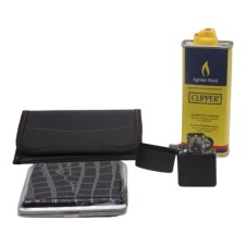 Metal Tabaka ve Deri Cüzdan, Metal Zippo Çakmak + Clipper Benzin 125 ml Süper Set