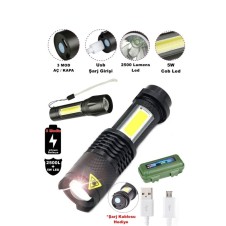 Tak-03 Ultra Güçlü 2500 Lumens + 5w Cob Led Usb Şarjlı El Feneri Kutulu Kamp Feneri Avcılık Feneri