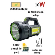 Ps-t95 10w Uzun Menzilli Solar Panelli Powerbank Usb Çıkış S.o.s Lu Ultra Güçlü Ledli Şarjlı Fener