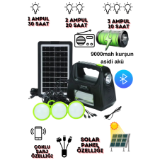 DT-9026B DAT Güneş Enerjisi Sistemi  3 Ampüllü Solar Aydınlatma Kiti, Müzik Stereo FM Radyo powebank