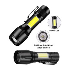 PASAJDANAL OR-515 Ultra Güçlü Pilli LED El Feneri 2000 Lumen + 6W Cob LED Su Geçirmez Zoomlu 3 Modlu